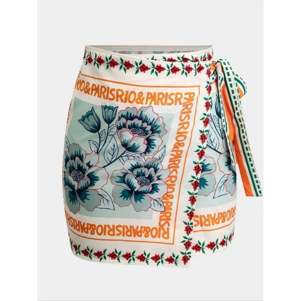 Retro floral printed tie waisted mini wrap vacation artsy skirt size xxl